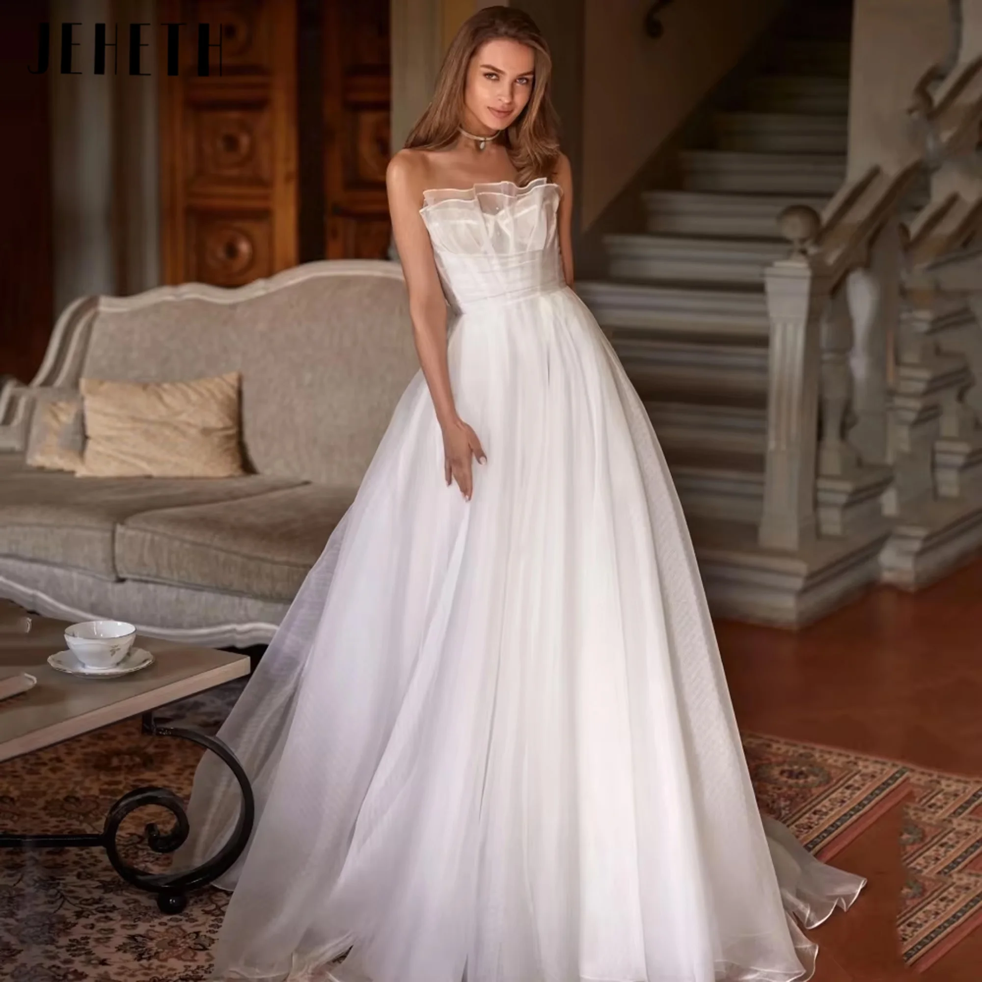 

JEHETH Classic A Line Wedding Dress Elegant Strapless Bride Dress Tulle Sleevless Bridal Gowns New Vestidos De Novia Customized