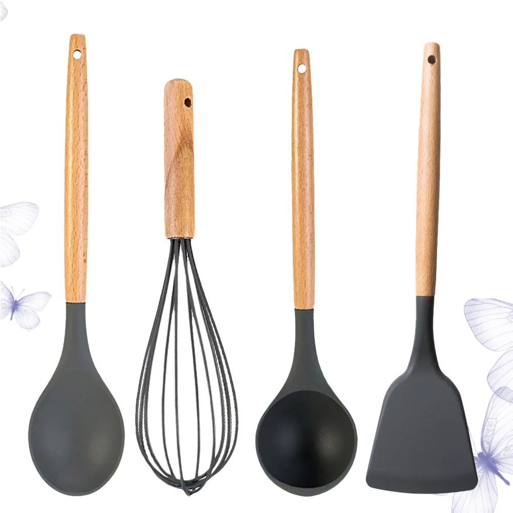 

4Pcs Cooking Scoop Set Non-Stick Wooden Handle Kitchen Utensils Scoop Soup Spoon Frying Spatula Egg Breaker for Home