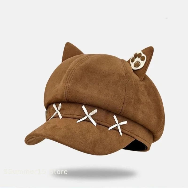 【R】Sweet Bow Design Cute Cat Ear Berets Cap Spring And Autumn Travel Versatile Painter Hats For Woman
