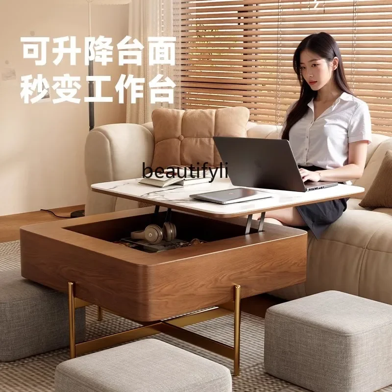 

Nordic multi-functional rock slab coffee table can be lifted and lowered, living room for home use, tea table with stool