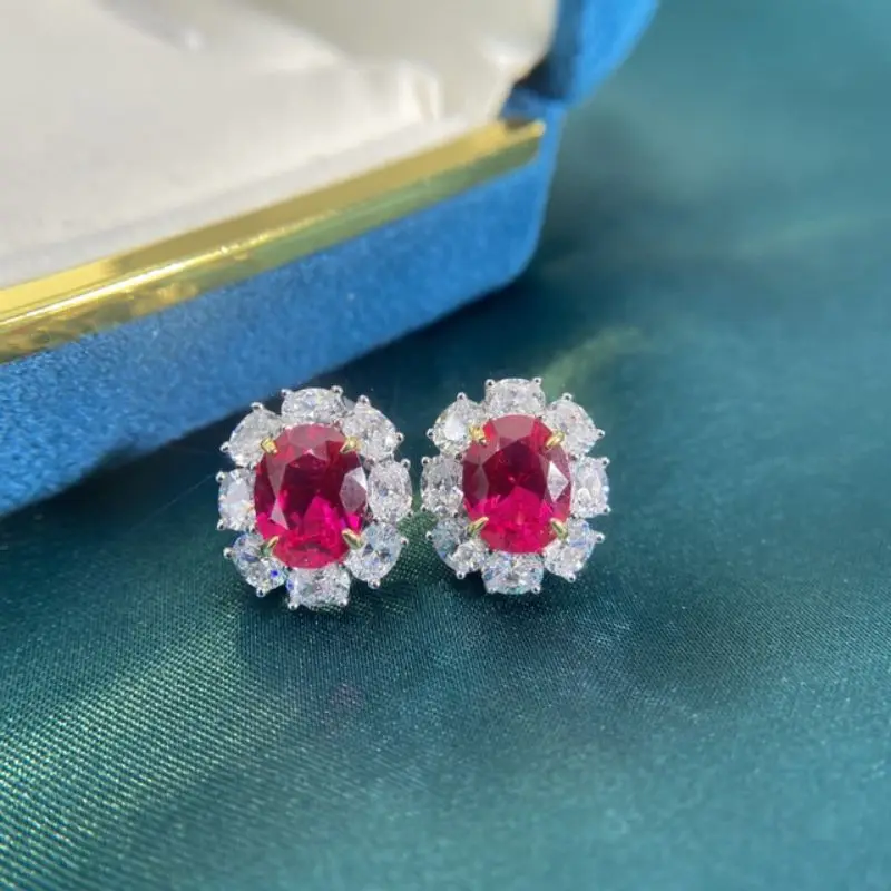 

100% 925 Sterling Silver Red Ruby Oval Cut Shape Stud Cubic Zircon Artifical Diamond Wedding Earrings For Women Luxury FineJewel