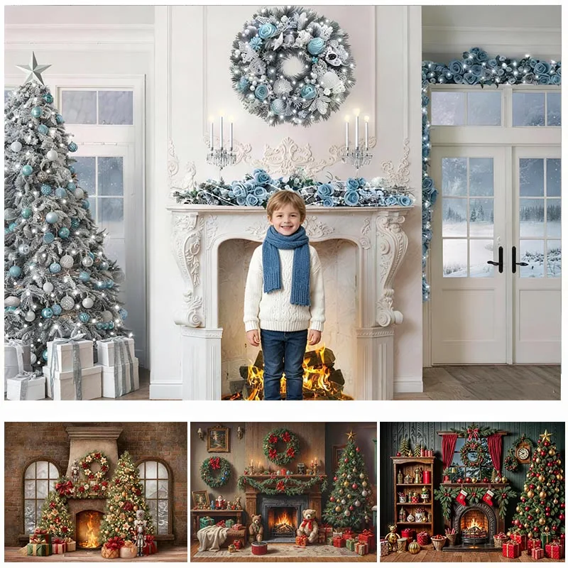 LS Christmas Theme Photography Backdrop Vintage Fireplace Wall Christmas Tree Lantern Candle Decor Holiday Photo Background