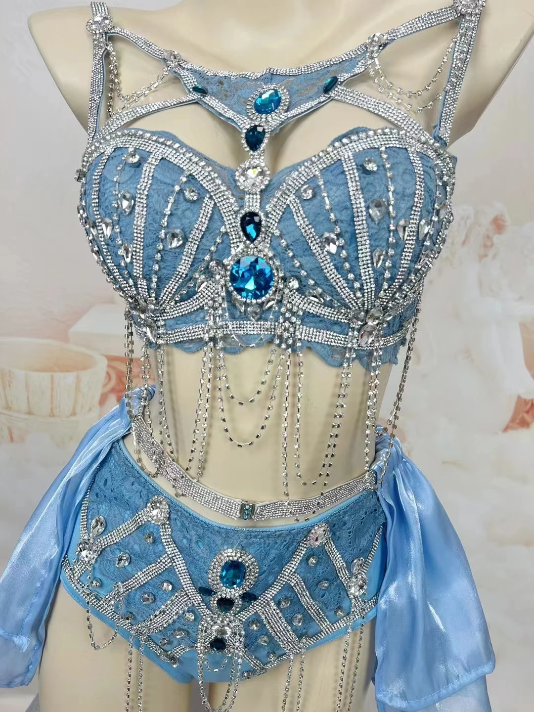 Nightclub Bar Sexy Stage Wear Blue Rhinestones Beading Bikini Gogo Dancer Electric Music Festival Outfit Party Show Costume
