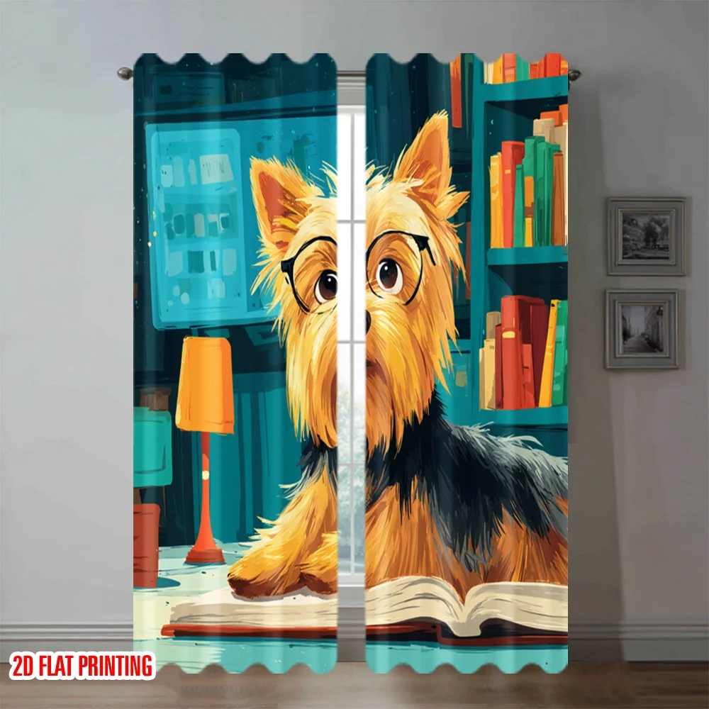 Funny Dog Reading Book Curtains, Cute Puppy with Glasses Print Drapes, Study Room Kids Bedroom Window Treatment Decor