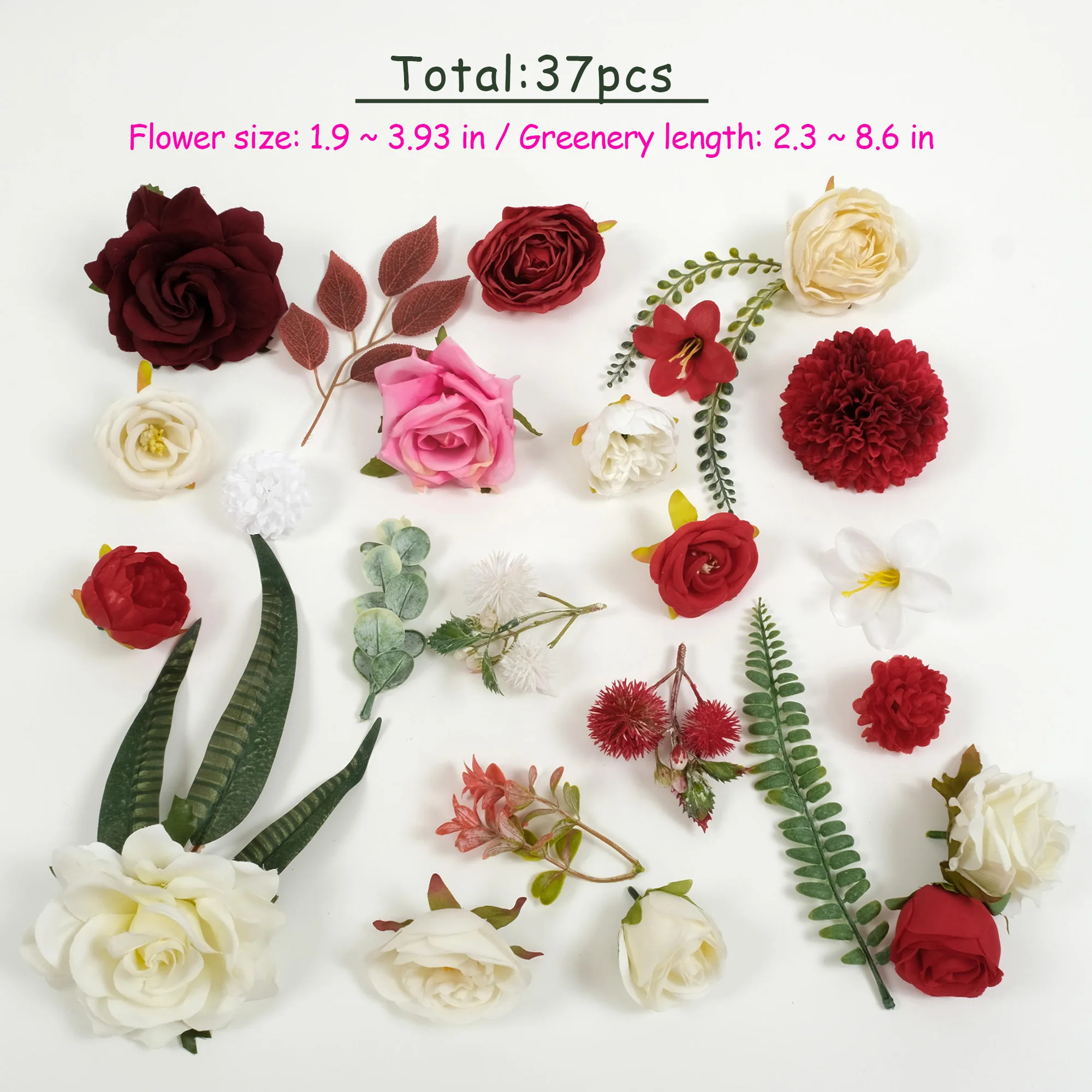 37PCS Mix Flower Head Greenery Combo Set For DIY Crafts Wreath Floral Arrangement Bouquets Garland Decor