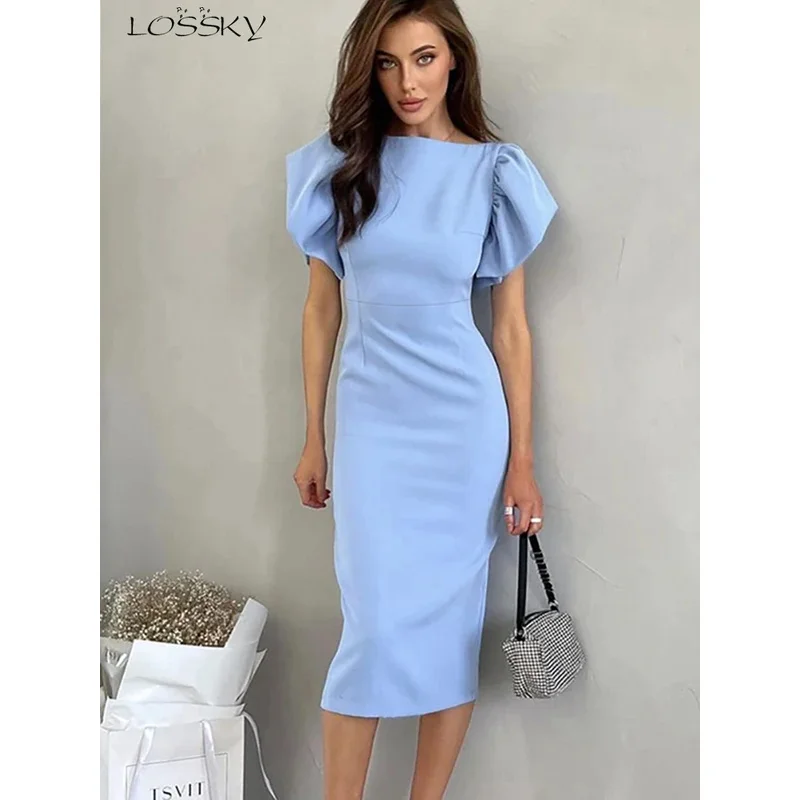 

Elegant Bodycon Midi Dresses For Women Summer Casual Ruffle Sleeve Slit Office Dress Fashion Chic Blue New In Dresses