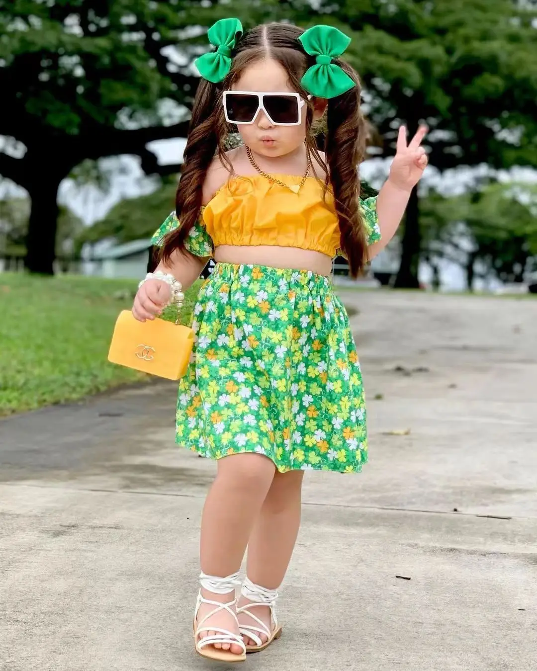 Summer Girls Clothes Sets Strapless Short Sleeve Pleated Crop Tops + Flower Print Skirt Children's Casual Clothing For 2-7 Years