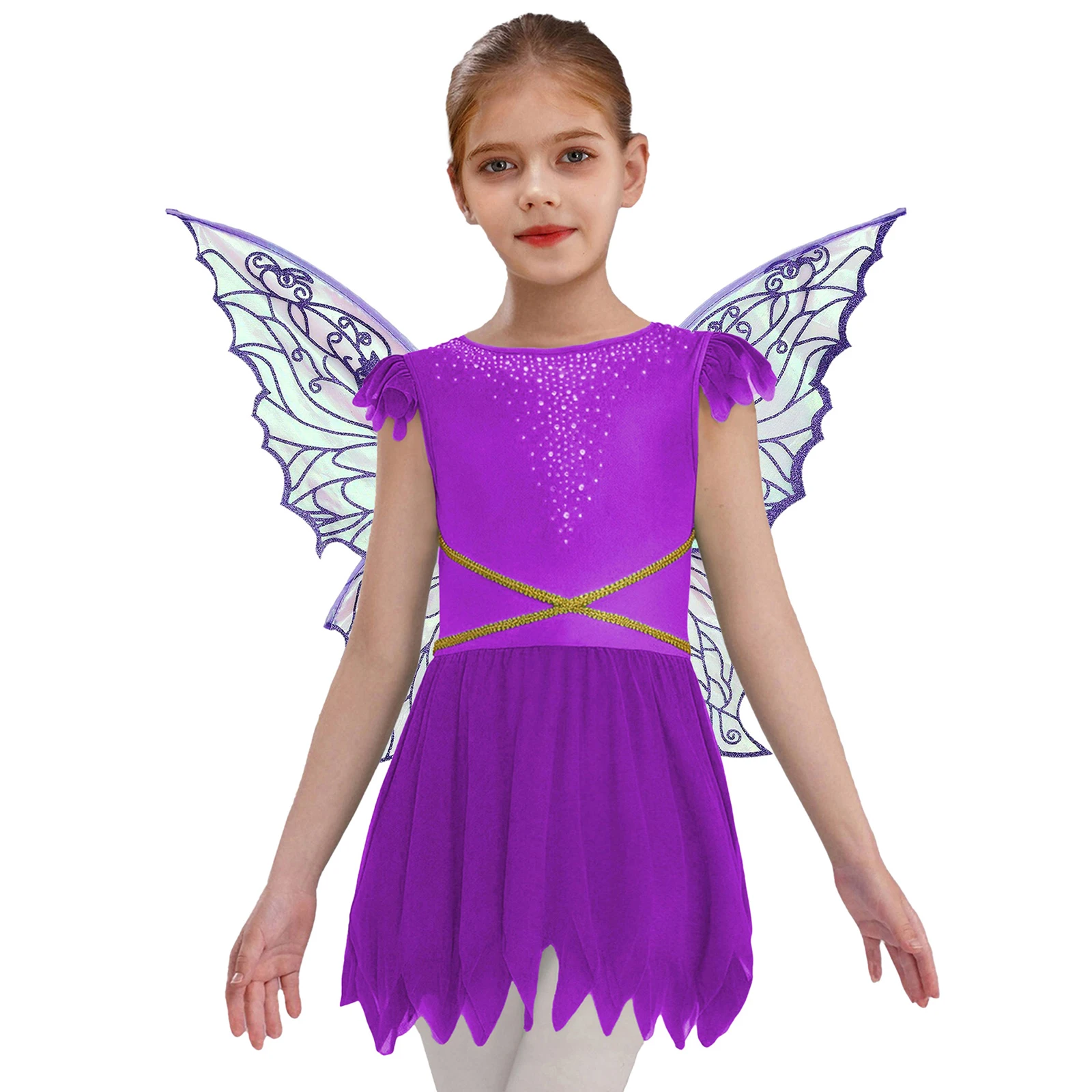 

Fairy Cosplay Fancy Dress Sleeveless Waist Gold Webbing Mesh Irregular Hem Dress with Gradient Shiny Wings for Party Halloween
