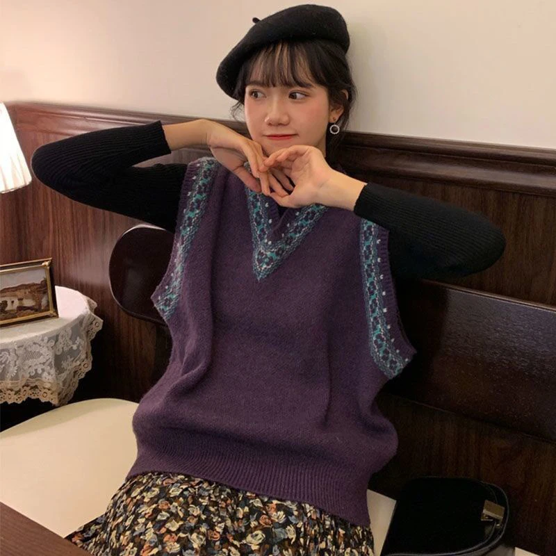 Vintage Purple Sleeveless Knit Pullover For Women Casual Loose Printed V-neck Korean Sweaters Vests Preppy Knitwear Waistcoats