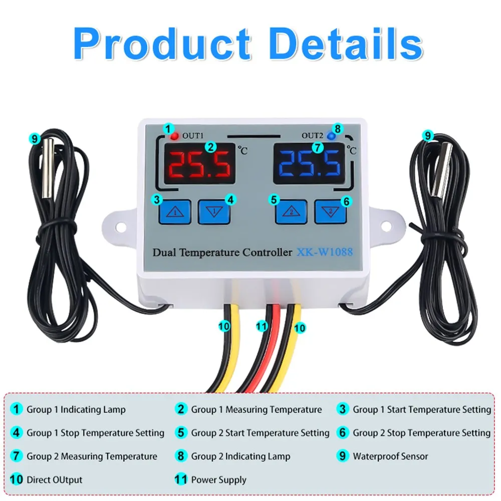 XK-W1088 Dual Digital Control Temperature Microcomputer Thermostat Switch Thermometer Thermoregulator 12/24/220V for Incubator