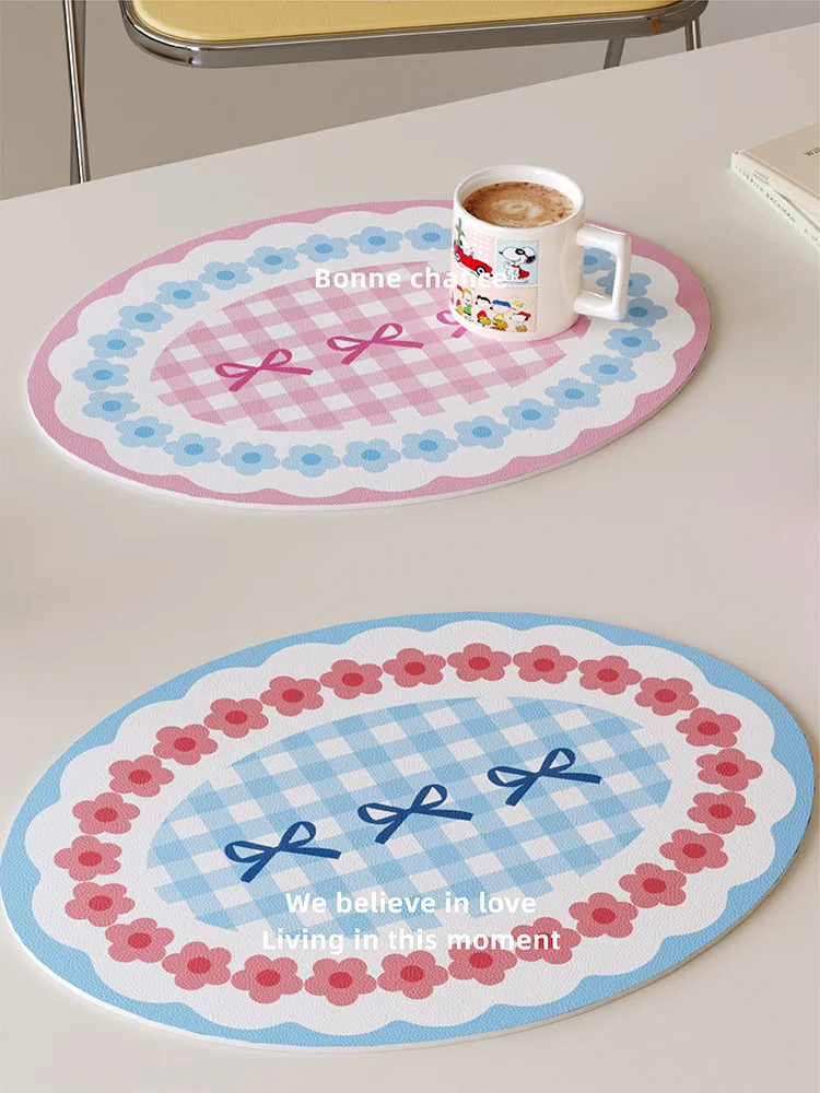 VIKAMA Oval Check Bow Floral Dish Drying Mat Non Slip Waterproof Quick Absorbent Coffee Table Kitchen Draining Pad