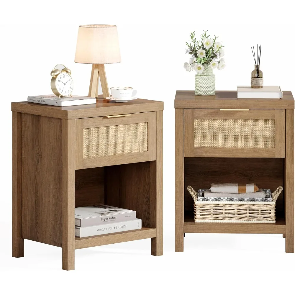 

Nightstand Set 2: Boho End Table with Drawer and Storage Shelf, Farmhouse Cane Accent Bedside Night Stands for Bedroom Sm