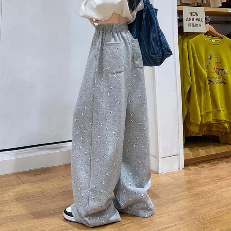 Harajuku floral cinza sweatpants feminino outono inverno estilo preguiçoso cordão perna larga calça coreano contrastante streetwear
