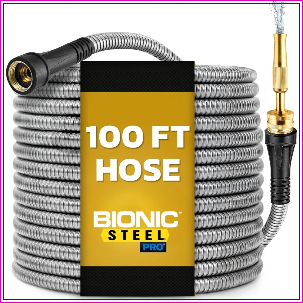 100FT Stainless Steel Garden Hose with Nozzle - Heavy Duty, Rust Proof, 500 PSI, Lightweight & Flexible