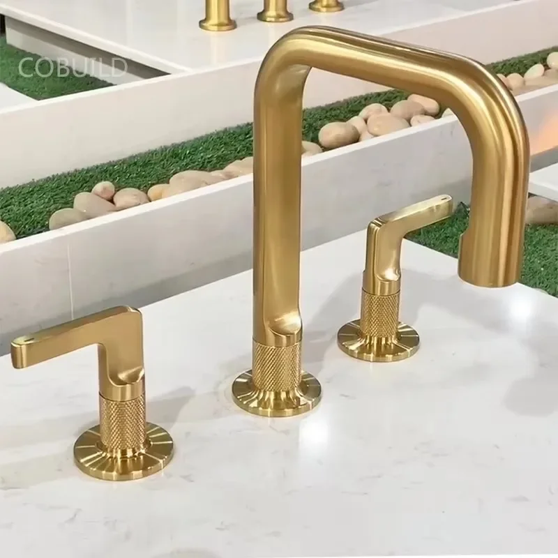 8 Inch Widespread Bathroom Sink Faucet 2 Handles Hot and Cold Brushed Gold Brass Bathroom Faucets