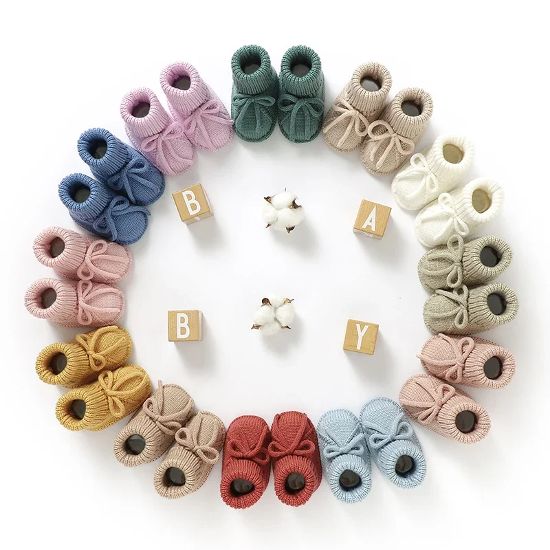 Buty dziecięce z dzianiny Newborn Boy Girl Footwear Fashion Tie Bow 0-18M Toddler Clothes Accessories Infant First Bed Boots Super Soft