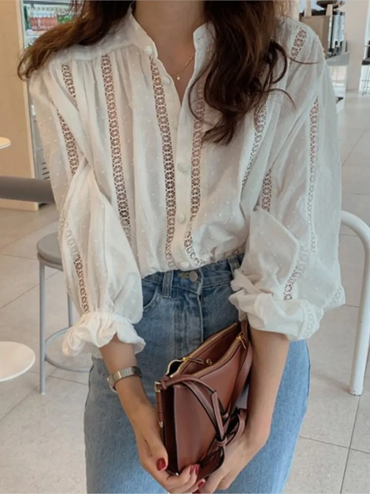 Korean Fashion Shirt Woman Oversized Hollow Lace Turn-down Collar Loose Tops Ladies 2023 Autumn Long Sleeve White Blouse Women