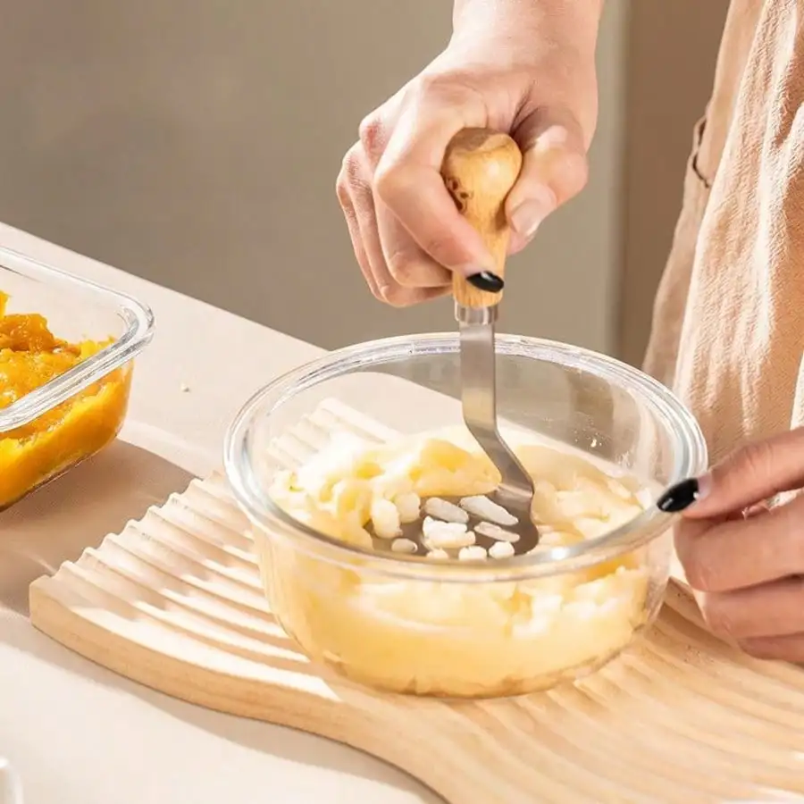 Stainless Steel Potato Masher with Wooden Handle - Comfort Grip Food Masher for Kitchen, Baby Food & Vegetable Prep