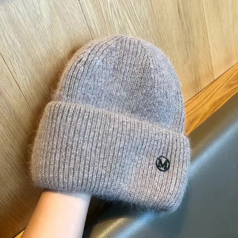 Women Hat Winter Warm Fashion Letter M Rabbit Knitted Hat Bonnet Streetwear Korean Skullies Beanies for Women Winter Hat