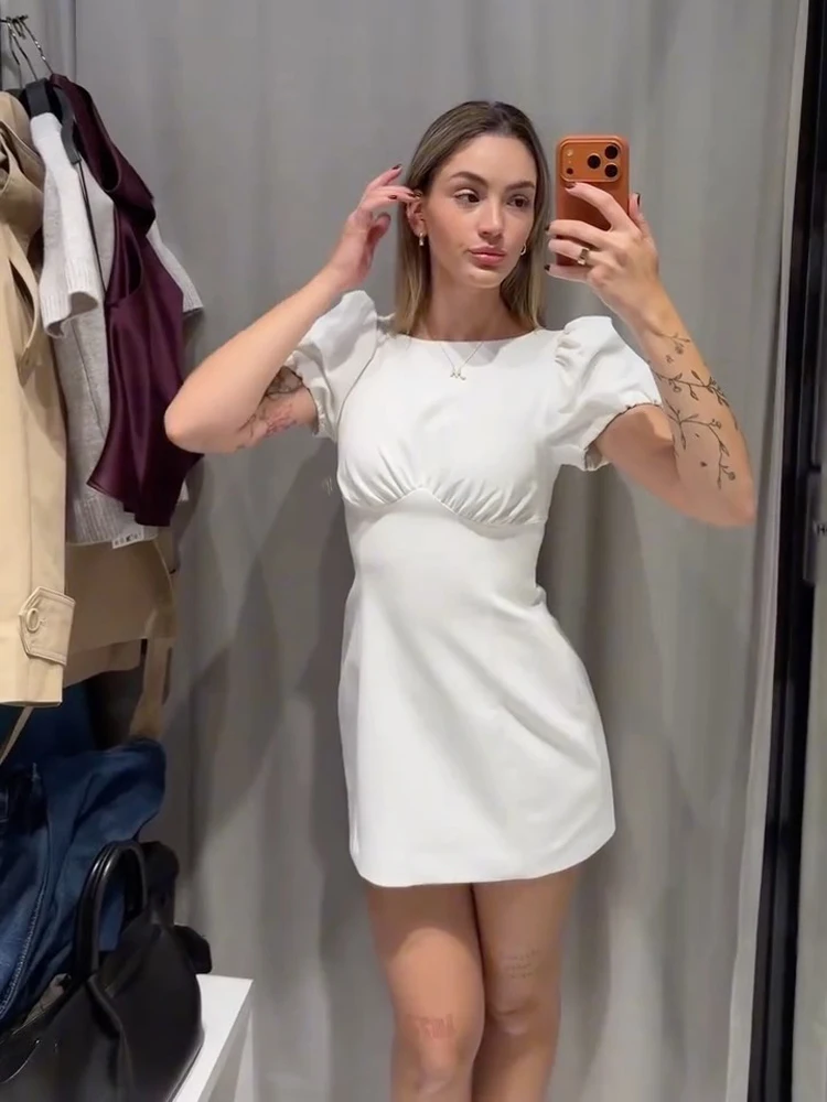 

Шикарное мини-платье с завышенной талией, повседневное, однотонное, с короткими рукавами-фонариками, с высокой талией, весна 2026, женское вечернее платье для вечеринок