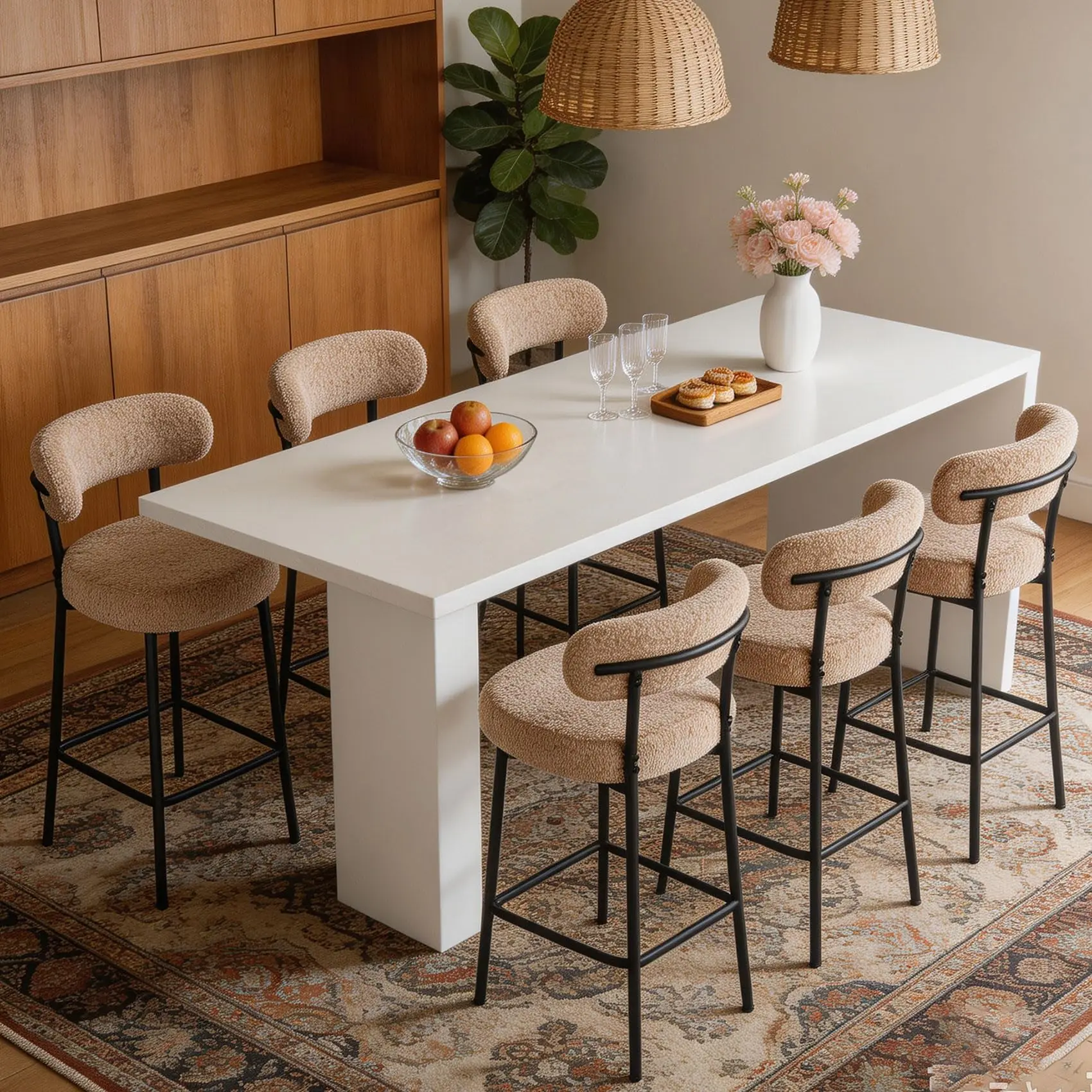 Bar Stools Set of 6,Beige 28 Inches Boucle Counter Height Bar Stools with Back & Metal Legs, Modern Upholstered Metal Tall