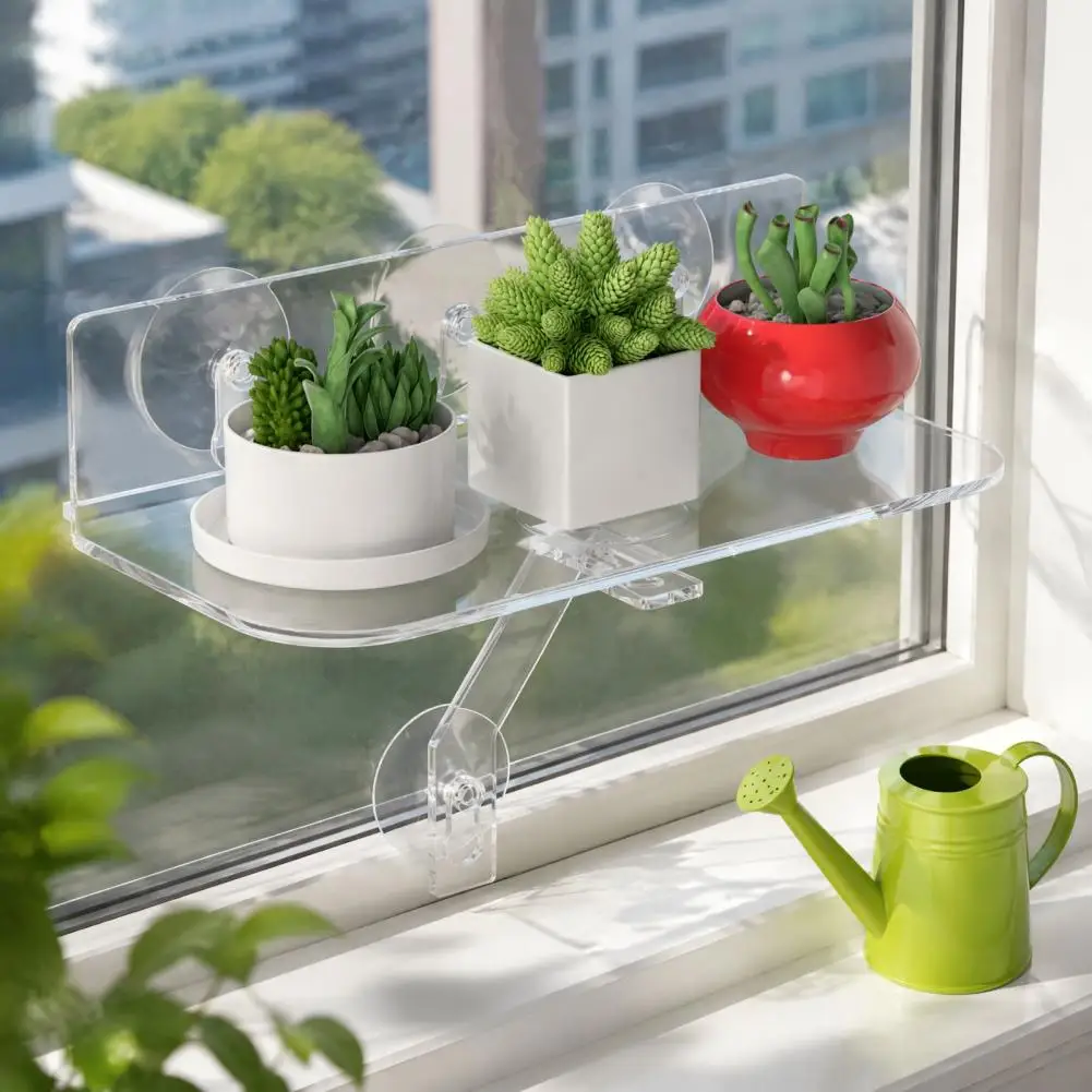Bathroom Wall Shelf Acrylic Suction Cup Ledge Acrylic Window Sill Plant Shelf with Strong Suction Cups Floating Wall Mounted