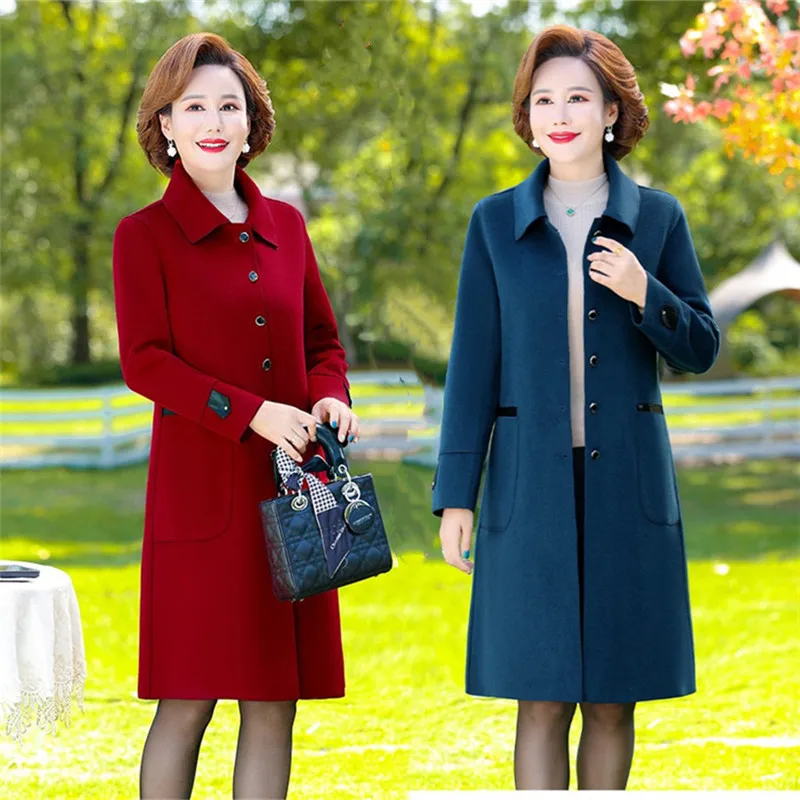 Double-Sided Cashmere Jacket Women Long 2022 Autumn Winter Solid Color Elegant Mother Outerwear High-End Slim Woolen Coat Female