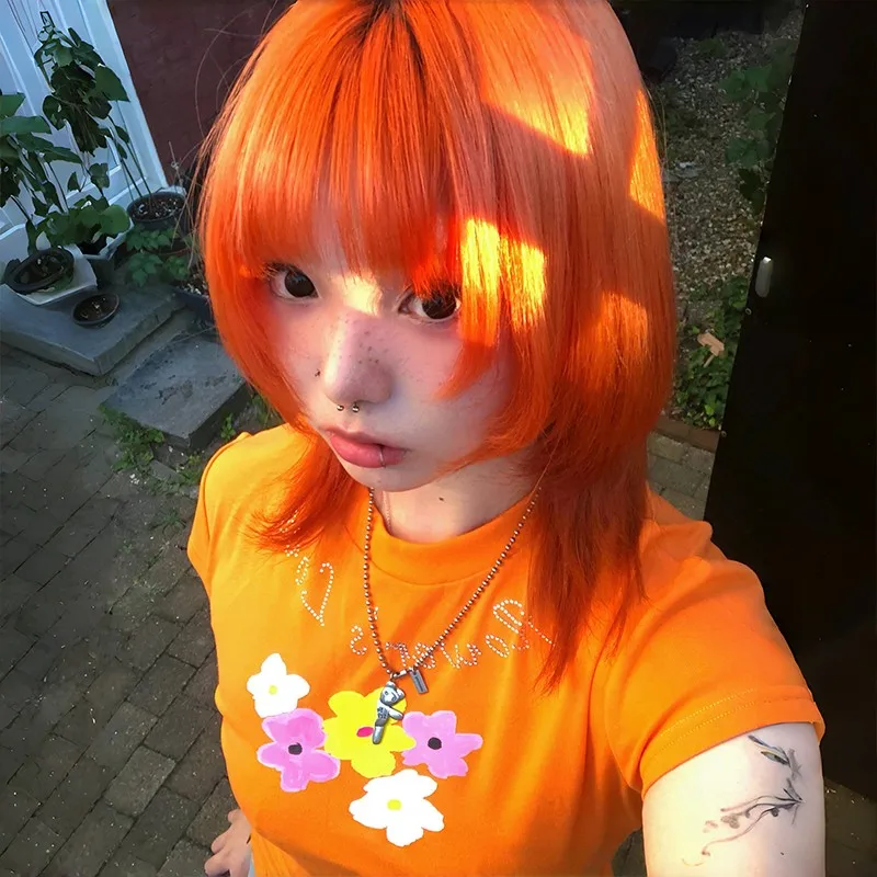 Karrram Japanese Y2k Orange T-shirt 2000s Aesthetics Flower Print Crop Top Vintage Harajuku Short Sleeve Tee Shirt American 90s