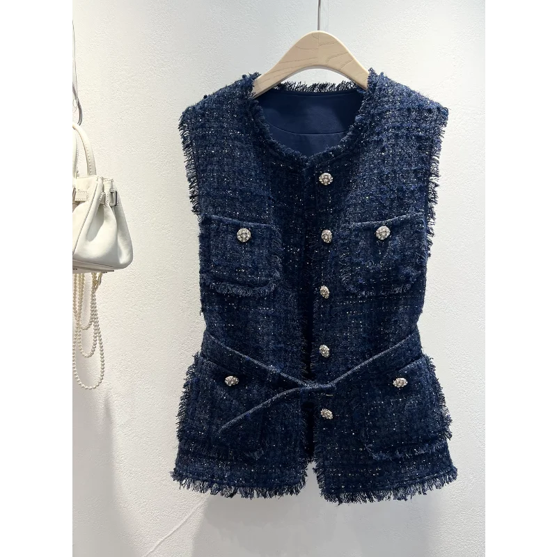 High Quality Round-necked Vest Women Small Fragrance Waistband Diamond-studded Buttons Sleeveless Casual Lady Tweed Jacket