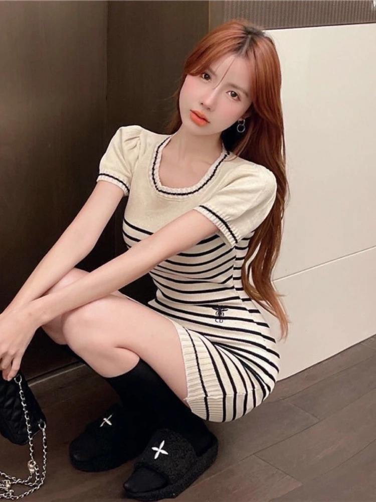 Summer New Sle Women's Slim Fit ort Dr Knitted Stripe Design High Waist Polyester Fiber ort Skirt High Faion Sense