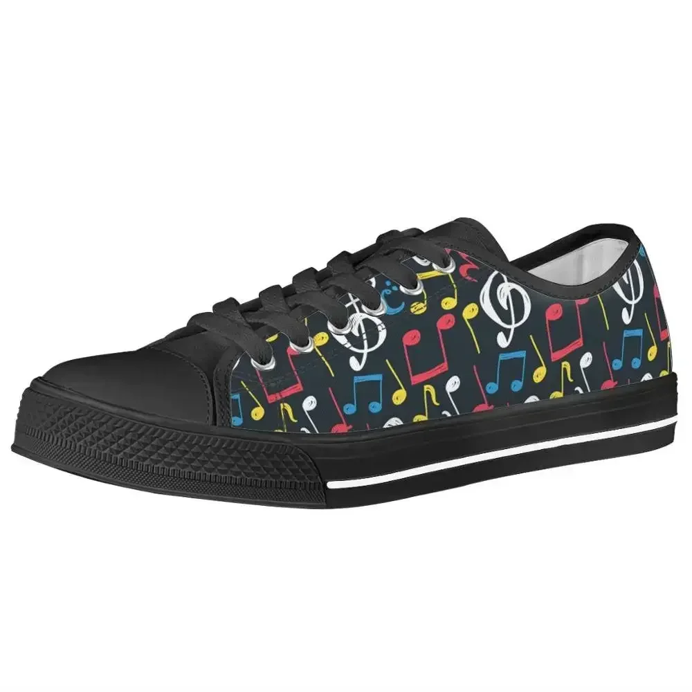 

White Casual Women Low Top Canvas Shoes Classic Music Notes Print Flats For Student Girls Comfortable Sneakers