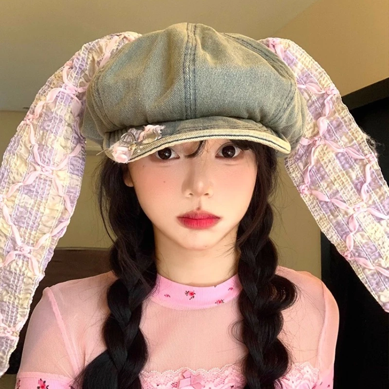 

Designer Lace Rabbit Ears Denim Berets Cap for Women Summer Autumn Travel Niche Personality Versatile Cute Y2K Painter Hats