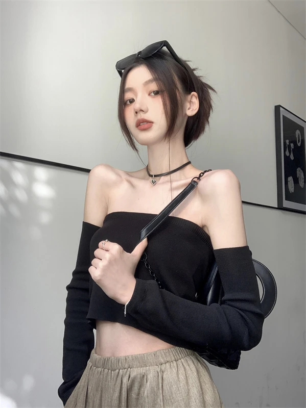 

Pure Desire Sexy One-Shoulder Tube Top Vest Women's Autumn Unique Design Detachable Sleeve Covers Black Spicy Girl Base Shirt