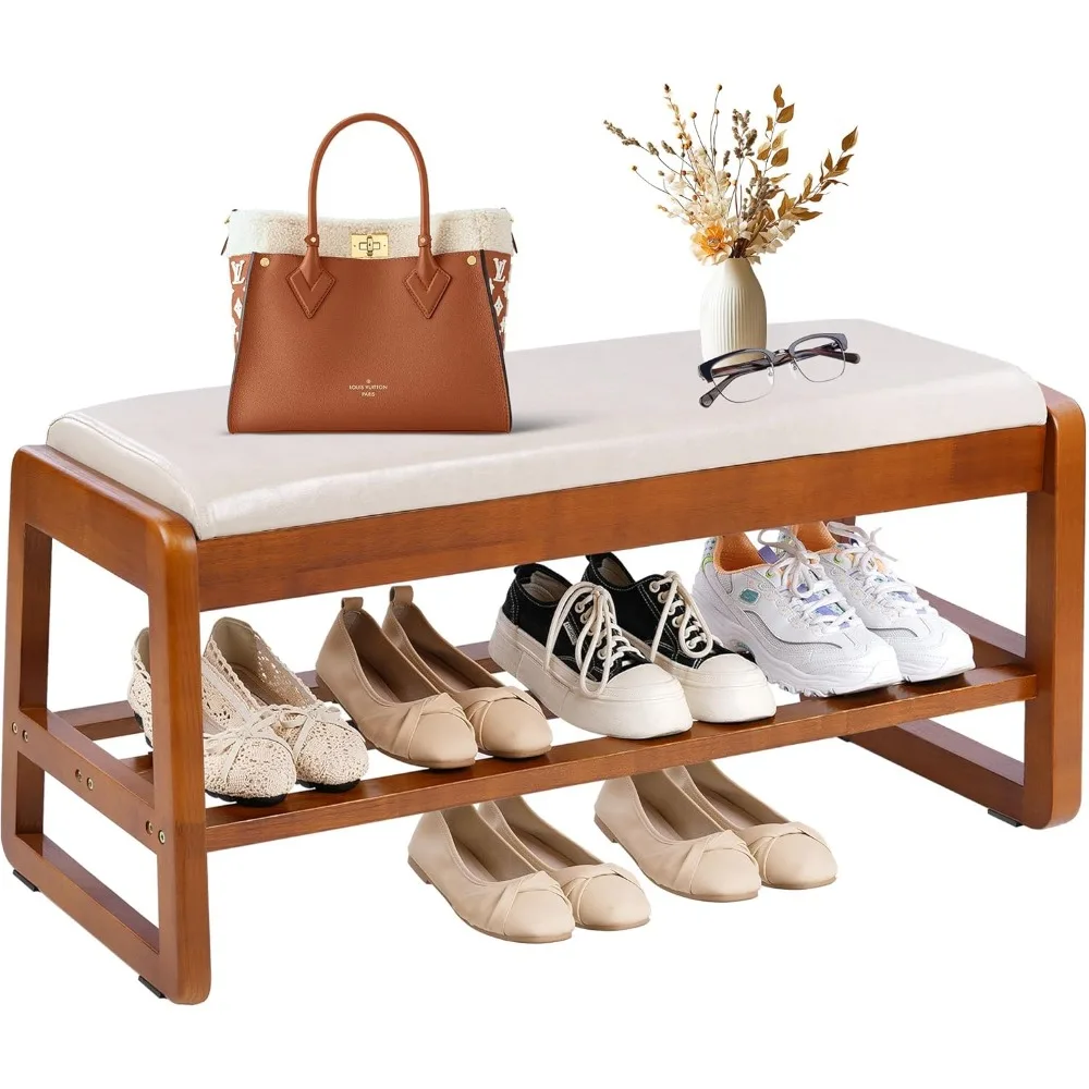 

Скамья для обуви из каучукового дерева с кожаной подушкой, органайзер для хранения 31,5, водонепроницаемая и легко чистящаяся, вместительная полка для обуви 550 фунтов для