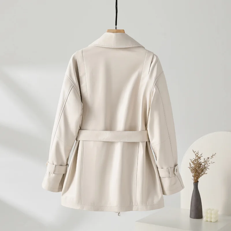 Women's Genuine Sheepskin Leather Windbreaker Mid-Length Casual Motorcycle Jacket Haining Style Coa