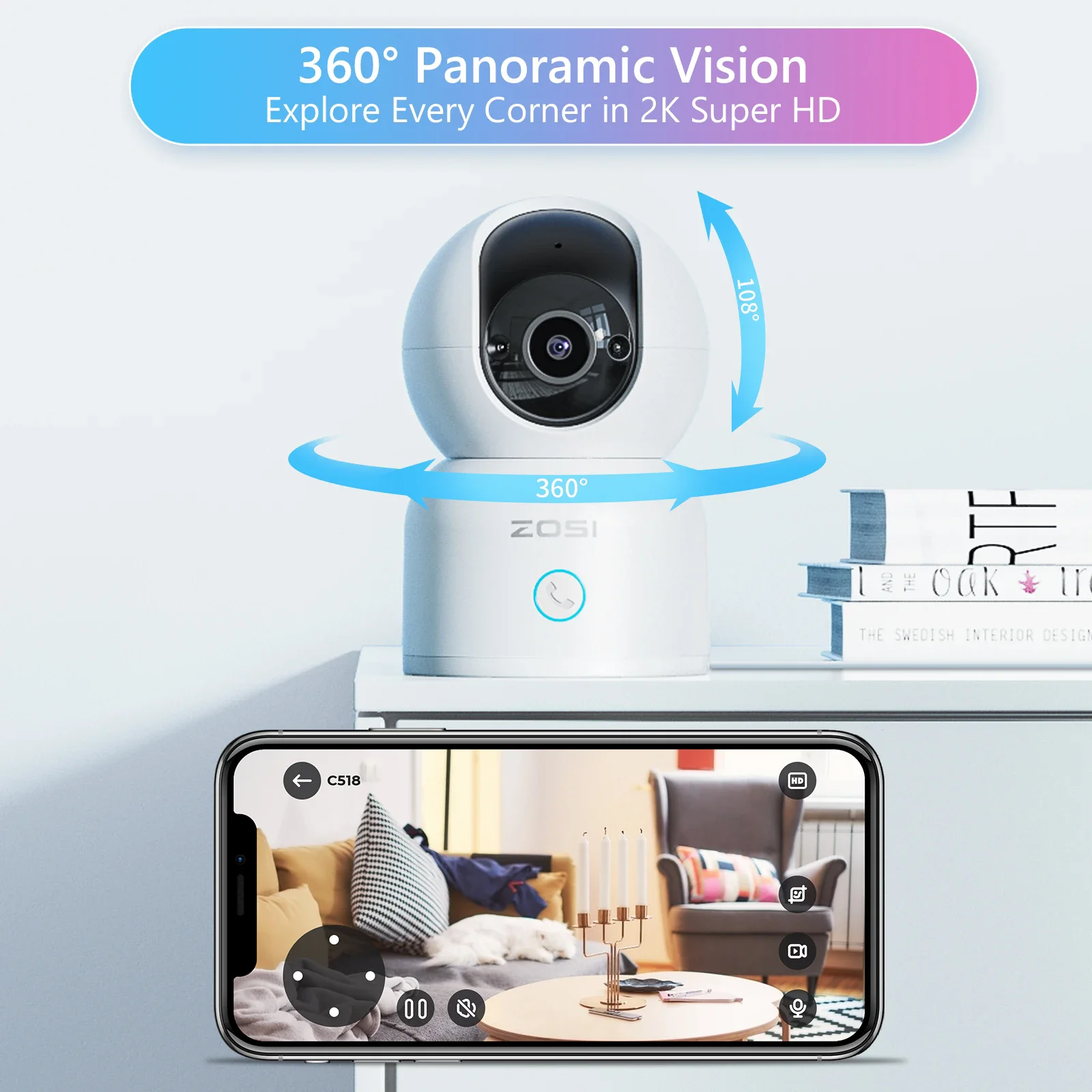 Zosi c518 interior pan/tilt câmera ip de segurança inteligente casa mini 2.4g/5g wifi câmera de vigilância ip 2k segurança bebê monitocamera