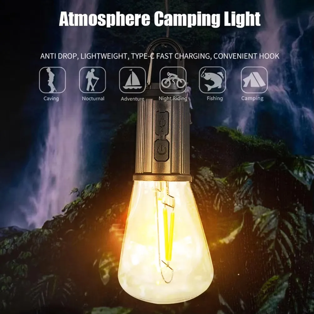 Portable Camping Light 600mAh LED Camping Lamp with Hook Portable Lighting Lantern Type C Charging Waterproof for Hiking Fishing