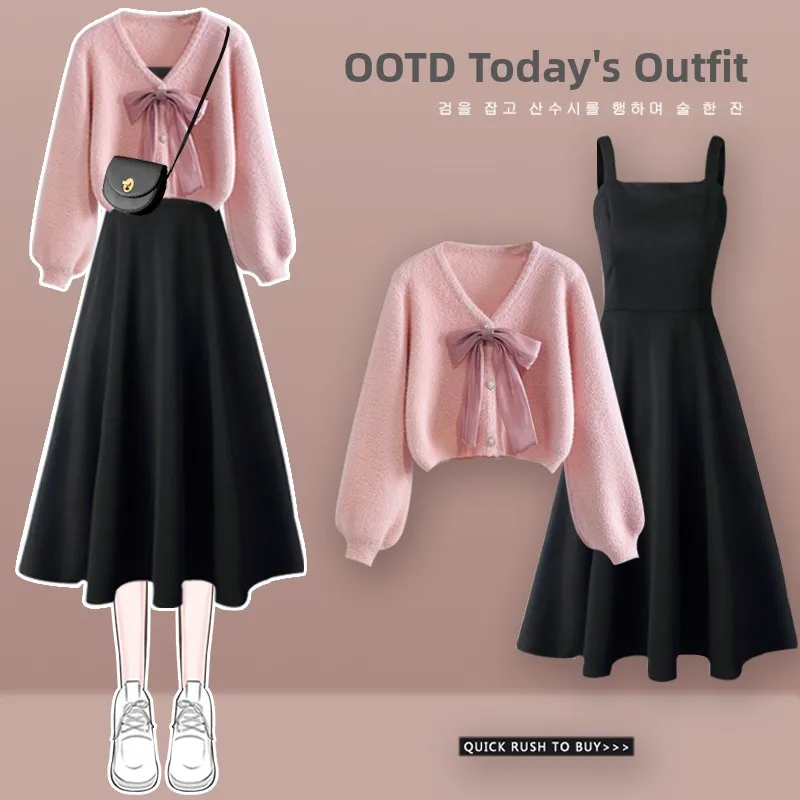 

plus Size Winter Outfit Top Bot Set Fro for Plump Women Sli Korean Commute Sle High Waist V-Ne Long Sve Dr