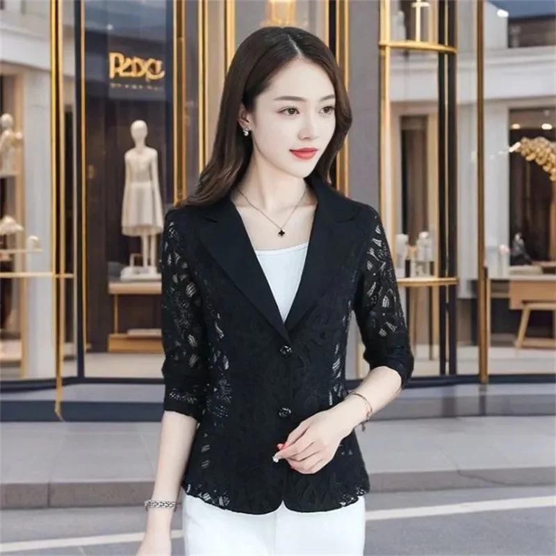 

Lace Suit Jacket Women's 2026 Spring Summer New Sunscreen Coat Ladies Collar Original Overwear Fashion Temperament Overcoat Tops
