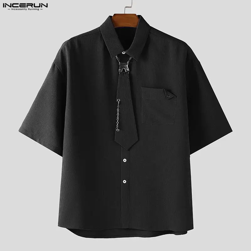 INCERUN الرجال قميص بلون التلبيب كم قصير زر ملابس الرجال عادية مع التعادل الشارع الشهير فضفاض بلوزات على الموضة الذكور القمصان #6
