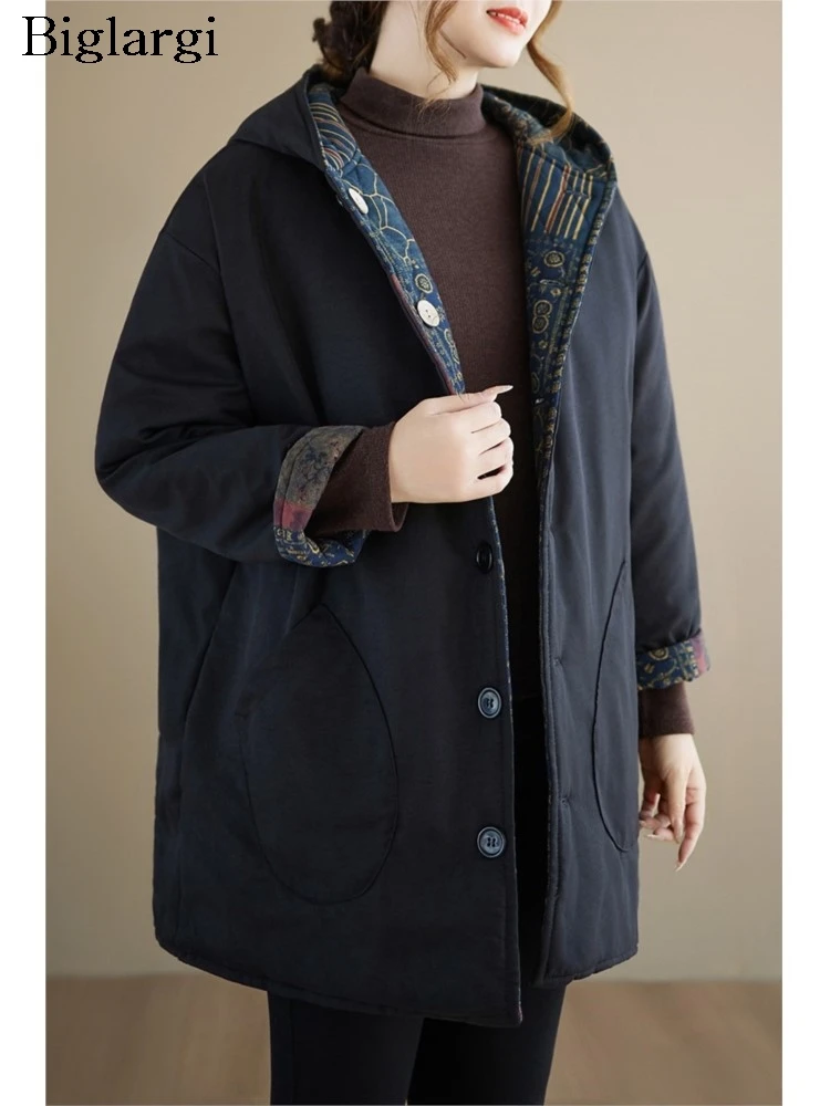 

Oversized Winter Autumn Long Hoodied Jacket Coat Women Vintage Flower Print Ladies Warm Jackets Coats Casual Woman Coat