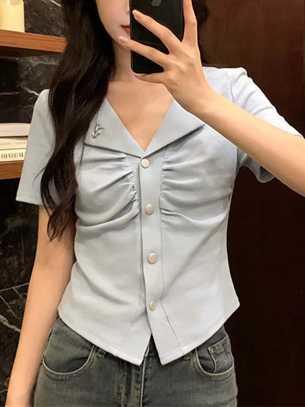 

plus Size Summer Trendy Folded Hem Asymmetrical Sexy Girl Top Women's T-shirt Korean Style Short Sleeve Breathable Skin-friendly