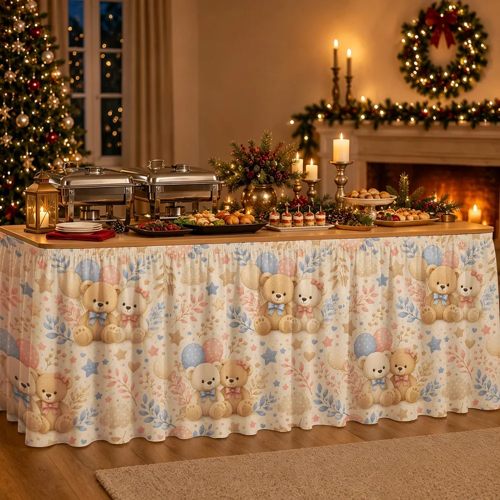 Gender revealing teddy neutral asymmetrical clustered wrapped table skirt, gender revealing party decoration