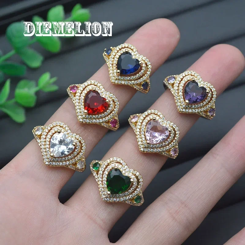 Hollow-out Multilayer Heart-Shaped Crystal Open Rings Luxury Colorful CZ Heart Ring for Women Newly Designed Engagement Jewelry