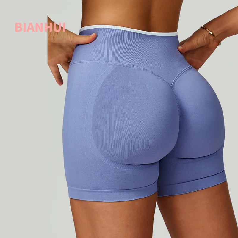 

BIANHUI Seamless Yoga Shorts Color-Block High-Waist Tight Sports Running Fitness Shorts Cycling Impact Workout Gym Shorts