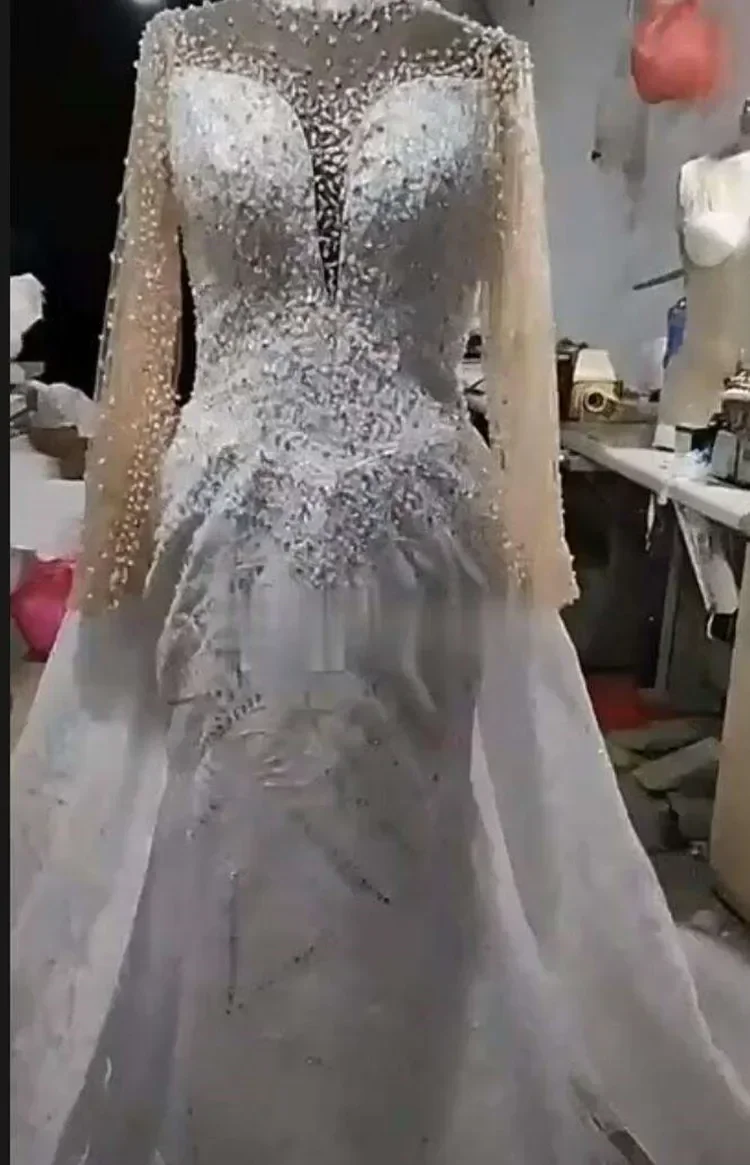 Vestido De novia De sirena con lentejuelas y cuentas brillantes personalizado, vestido De novia De lujo con tren desmontable De África, vestido De novia De manga larga