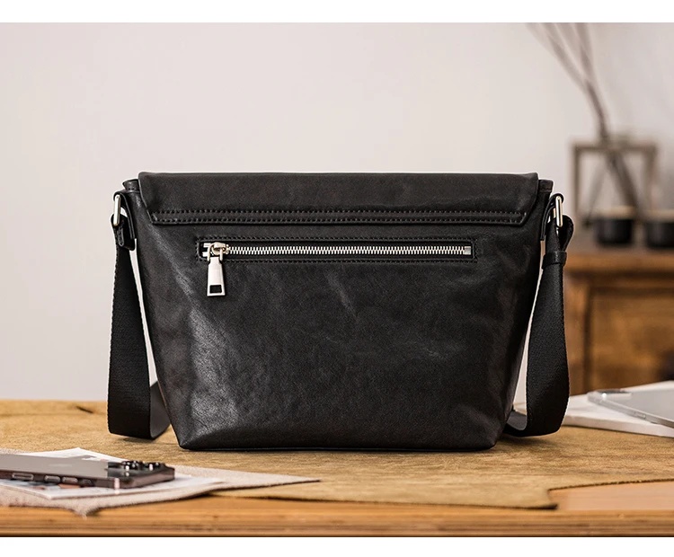 Simple casual outdoor commuter genuine leather men's messenger bag trend designer handmade cowhide leather black shoulder bag