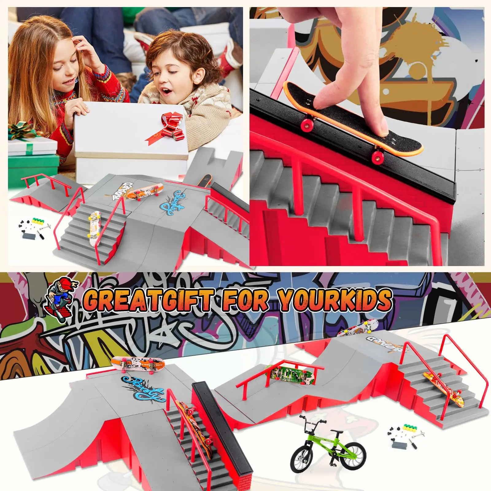 Finger Skateboard Toy Ramp Set,Mini Finger Skateboard Park  Kit Half Pipe Ultimate Training Prop Accessorie Birthday Giftfor Kid