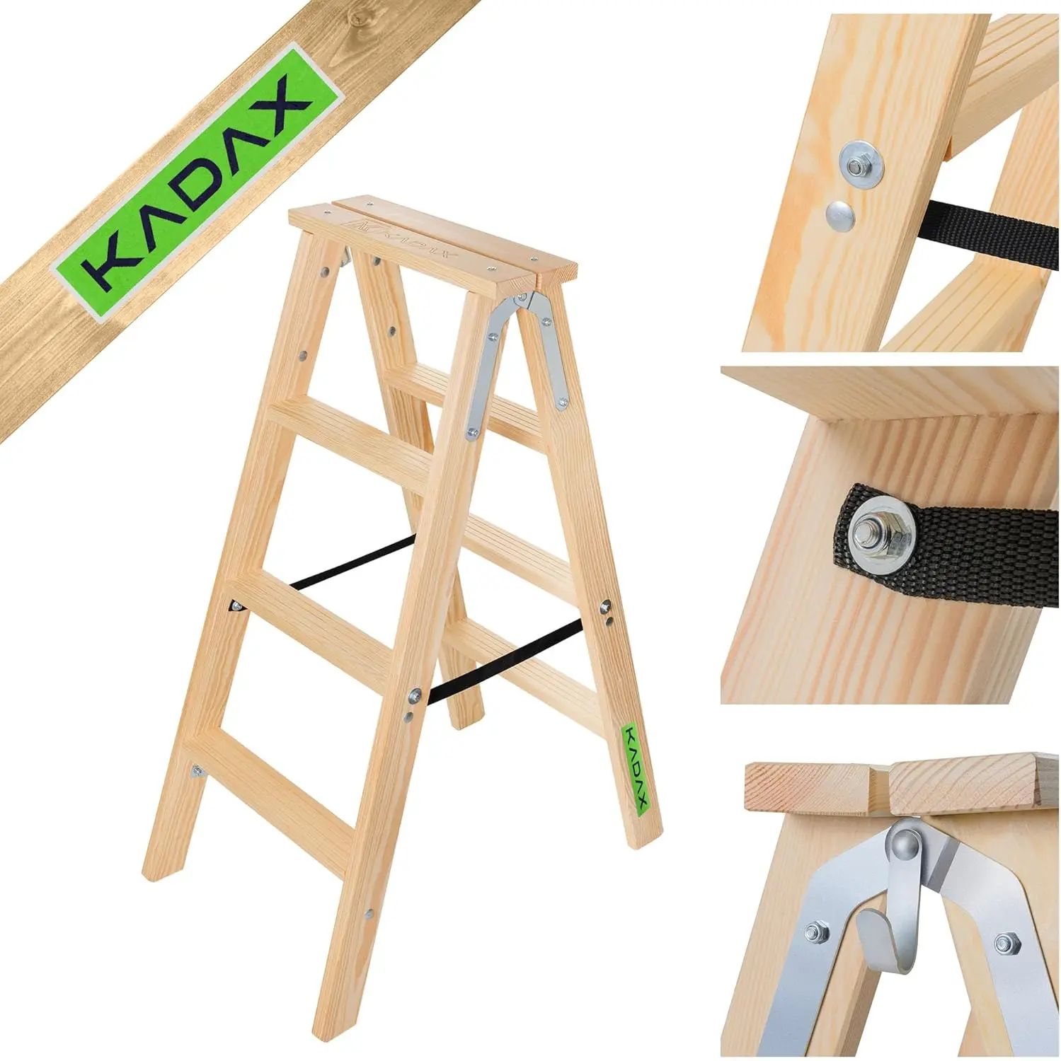 Klappbare Holzleiter, 4-stufige Malerleiter mit Stahlhaken, Stehleiter für Haushalt und Garten