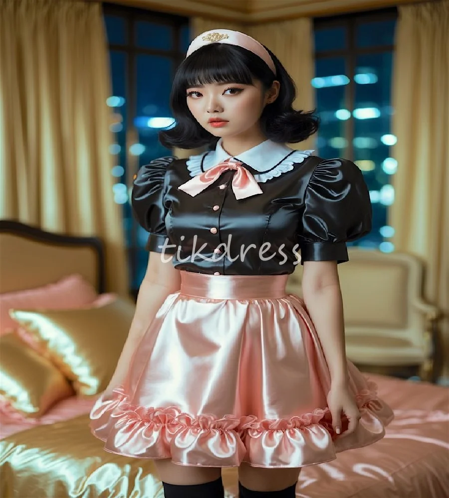 

Two Tone Black With Pink Maid Dress High Neck Short Sleeve Ruffles Prom Dress 2025 Elegant Cocktail Korean Costume Customized